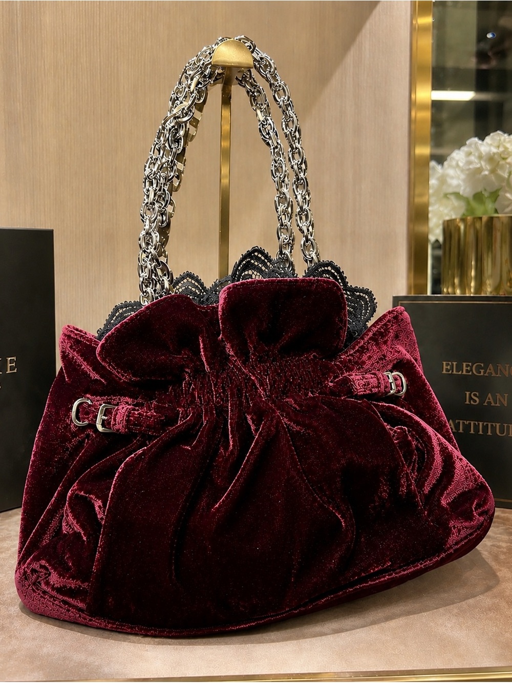 White House Black Market Red Velvet Satchel Bag W/ Black Lace & Silver Hardware